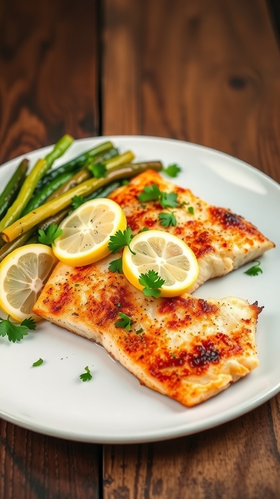 Oven-baked tilapia fillet garnished with parsley and lemon, served with vegetables on a rustic table.